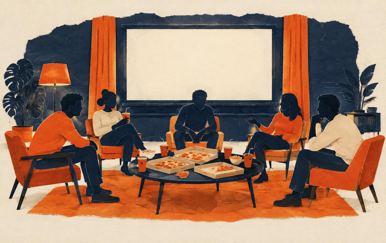 Conceptual paper collage of anonymous figures in conversation in armchairs around a table of pizza boxes and drinks, with a blank cinema screen behind; not a depiction of actual Dairy members.