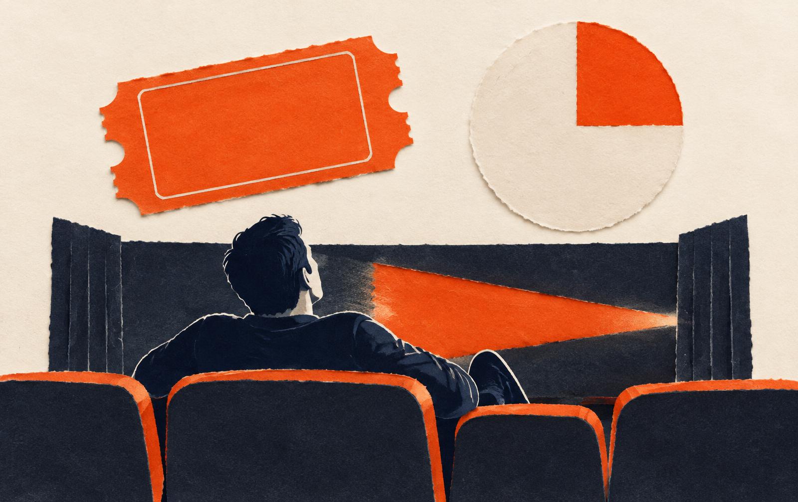 Conceptual paper collage of a blank orange ticket and a simple clock with a quarter segment highlighted above a relaxed viewer in a cinema seat; not Palace artwork.