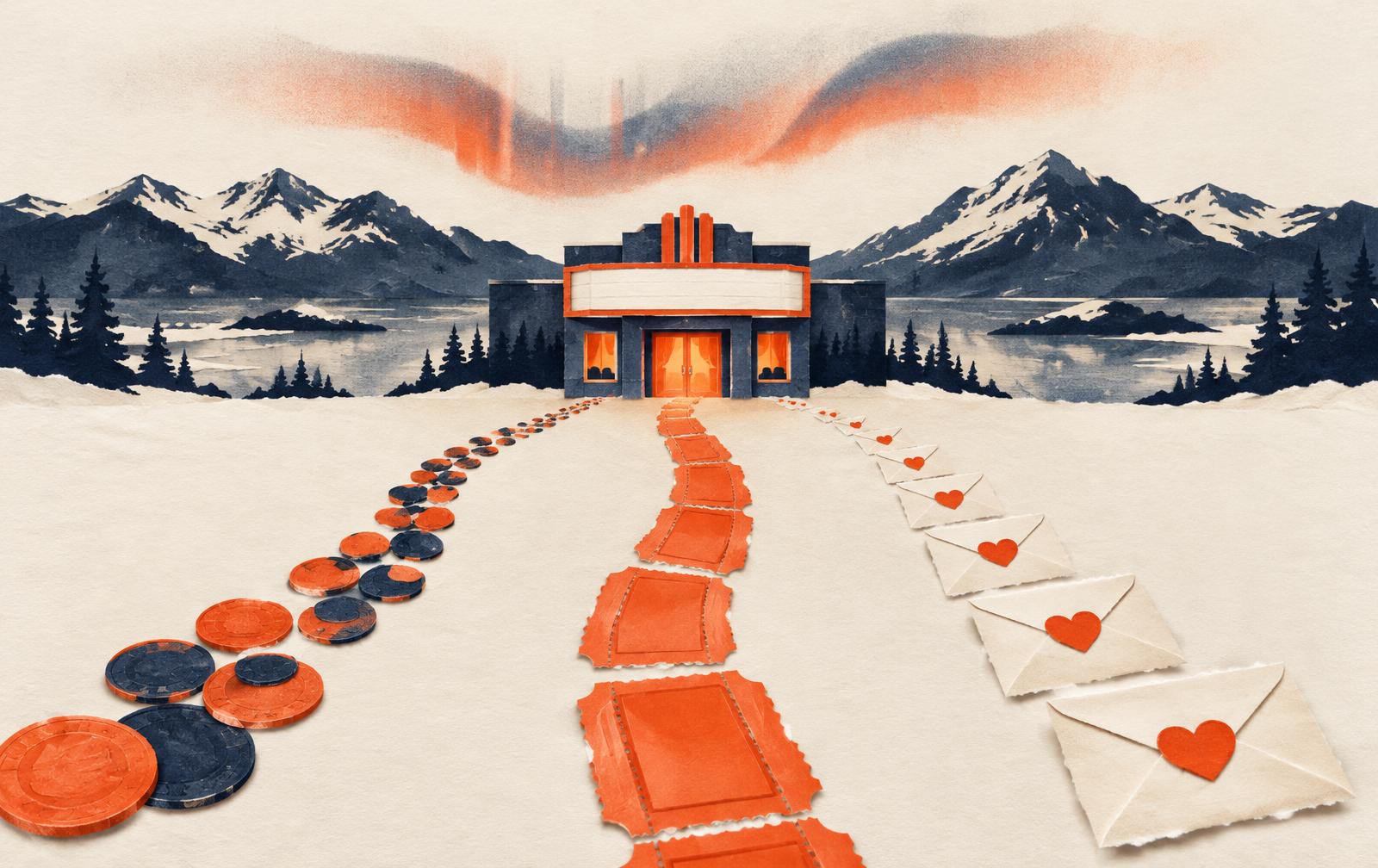 Conceptual paper collage of three paths — coins, raffle stubs and envelopes — leading to a small cinema in a northern landscape under an aurora; not WAMP material.