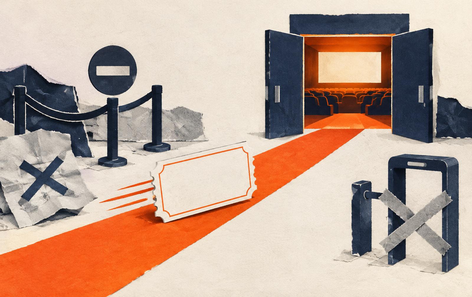 Conceptual paper collage of a blank ticket speeding along a straight orange path to an open cinema doorway, with barriers pushed aside; not Fiesta del Cine artwork.