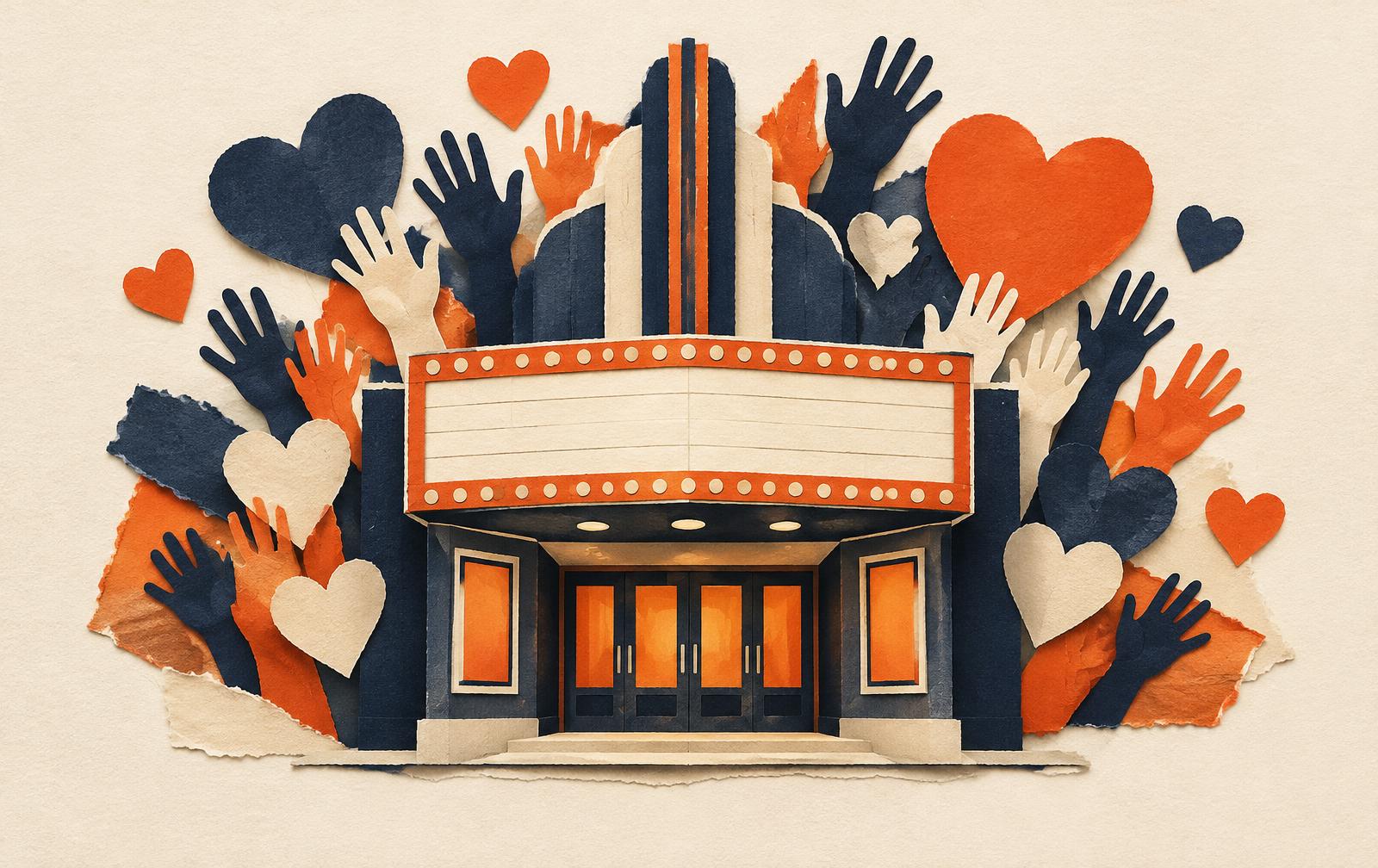 Conceptual paper collage of a cinema facade surrounded by layered community-support shapes; not a photograph of the Prince Charles Cinema.
