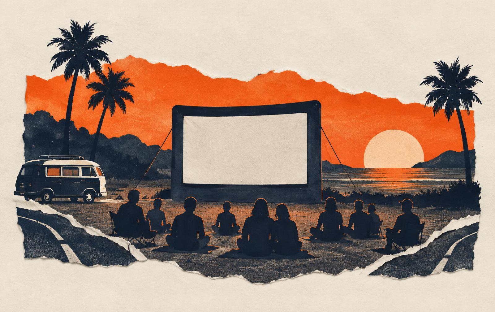 Conceptual paper collage of a mobile outdoor screen with a gathered audience and travel-route fragments; not a photograph of the tour.