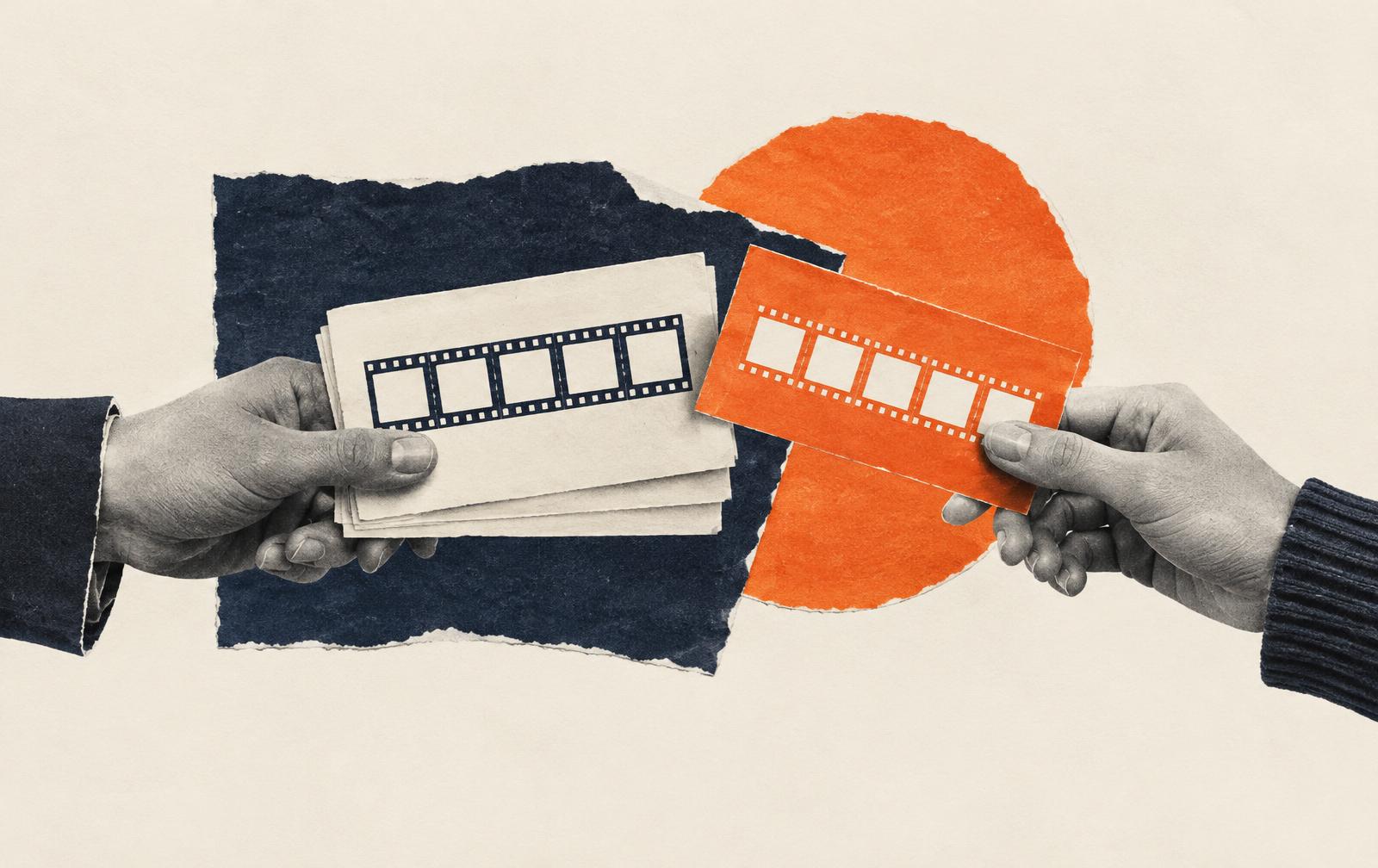 Conceptual paper collage of one hand holding a stack of blank programme cards and another receiving a contrasting orange guest ticket; not Croydon Film Society material.