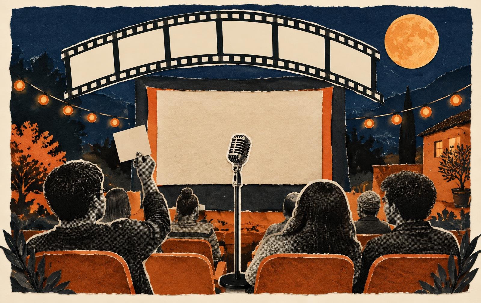 Conceptual paper collage of a hosted evening combining films, conversation and playful audience participation.