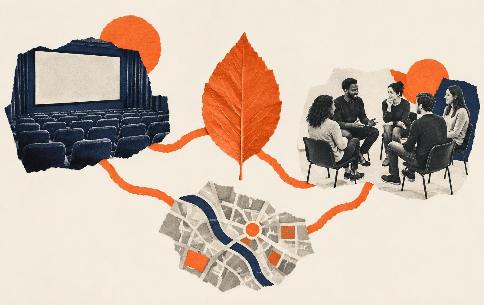 Conceptual paper collage connecting a cinema screening, a small discussion circle and local environmental activity.