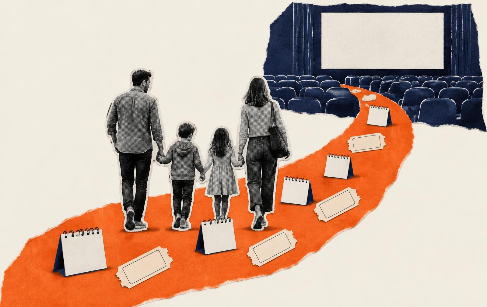 Conceptual paper collage of a family planning a sequence of cinema visits with calendar shapes and blank tickets.