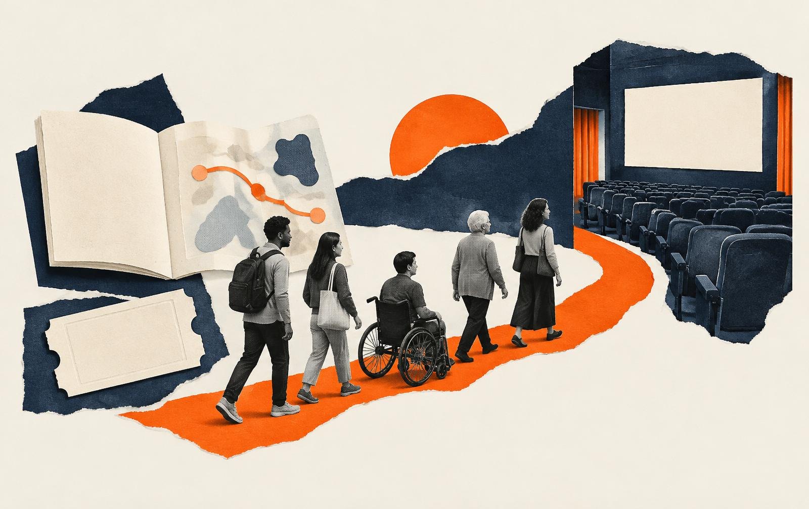 Conceptual paper collage linking an access guide, travel information and a cinema booking.