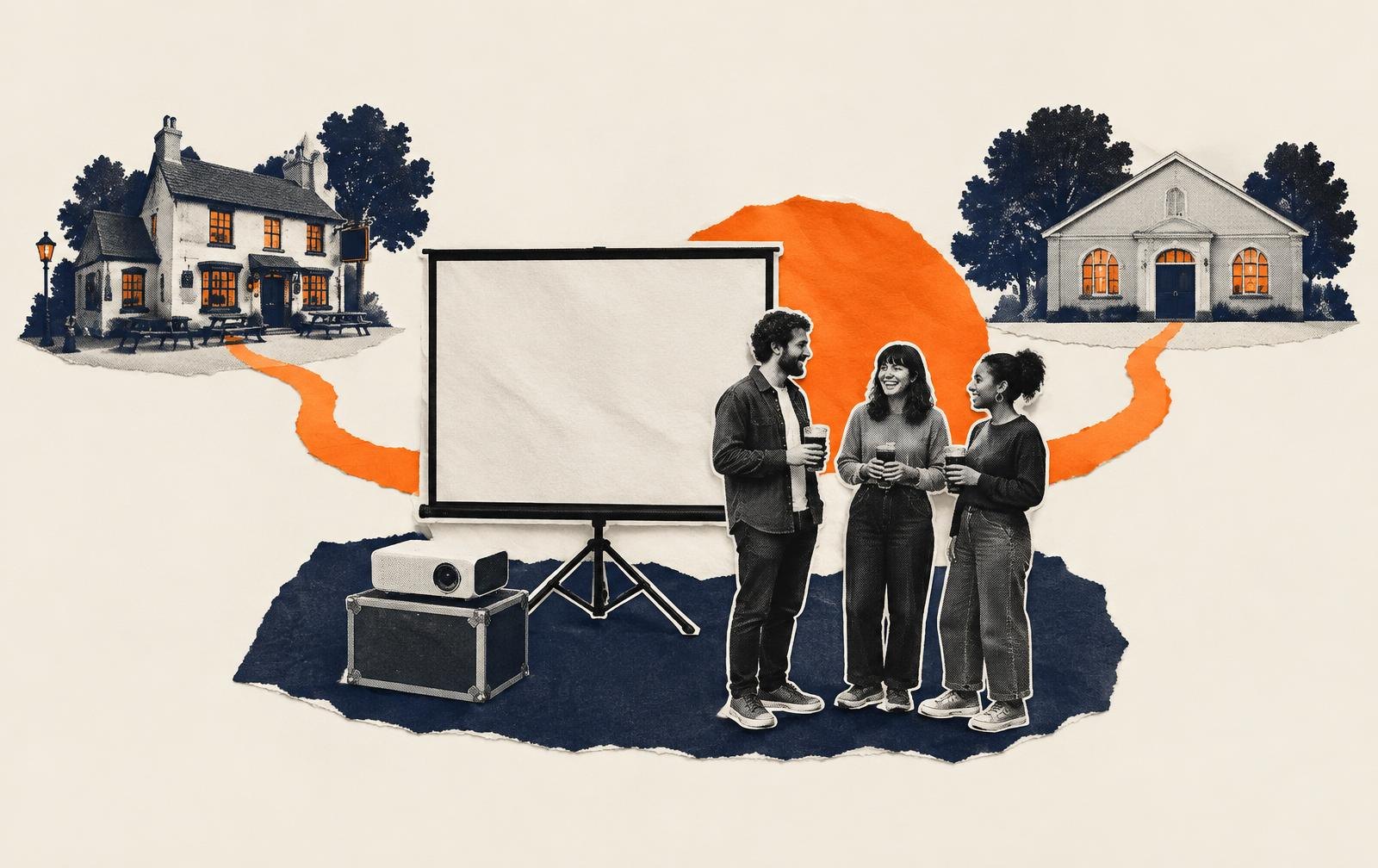 Conceptual paper collage of a portable cinema kit moving between shared venues with space for conversation.