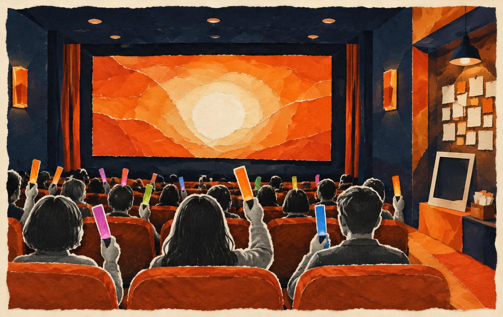 Conceptual paper collage of a shared fan screening with light sticks and a small foyer activity area.