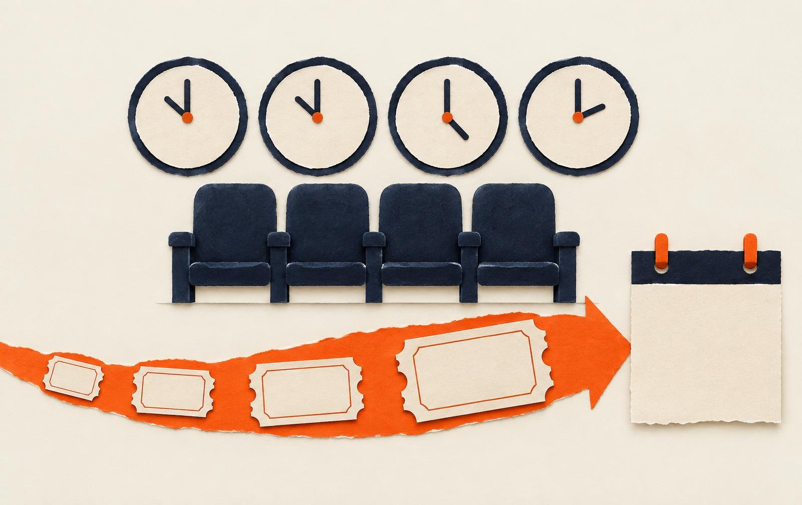Conceptual paper collage showing screening times linked to different rewards for a later cinema visit.